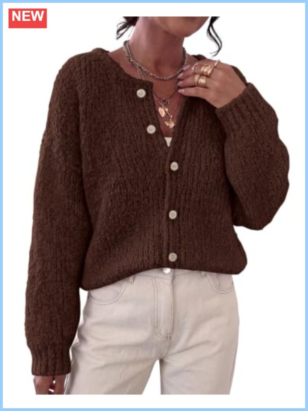 Chunky Knit Button Up Cardigan Sweater with Drop Shoulder Long Sleeves